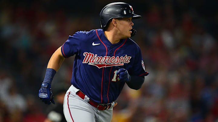 Aug 12, 2022; Anaheim, California, USA; Minnesota Twins third baseman Gio Urshela (15) runs after