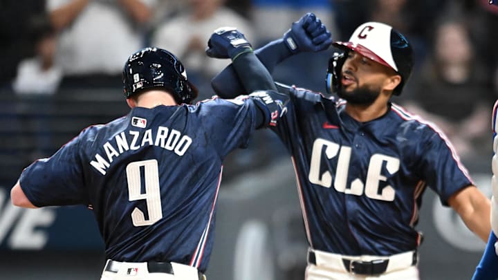 Sep 26, 2025; Cleveland, Ohio, USA; Cleveland Guardians designated hitter Kyle Manzardo (9) celebrates with right fielder George Valera (35) after hitting a home run against the Texas Rangers during the first inning at Progressive Field. Mandatory Credit: Ken Blaze-Imagn Images Sep 26, 2025; Cleveland, Ohio, USA; Cleveland Guardians designated hitter Kyle Manzardo (9) celebrates with right fielder George Valera (35) after hitting a home run against the Texas Rangers during the first inning at Progressive Field. Mandatory Credit: Ken Blaze-Imagn Images