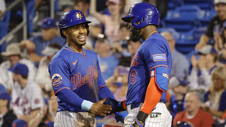 Mar 14, 2025; Port St. Lucie, Florida, USA; New York Mets outfielder Starling Marte (6) congratulates shortstop Francisco Lindor (12) after scoring during the sixth inning against the St. Louis Cardinals at Clover Park. Mandatory Credit: Reinhold Matay-Imagn Images Mar 14, 2025; Port St. Lucie, Florida, USA; New York Mets outfielder Starling Marte (6) congratulates shortstop Francisco Lindor (12) after scoring during the sixth inning against the St. Louis Cardinals at Clover Park. Mandatory Credit: Reinhold Matay-Imagn Images