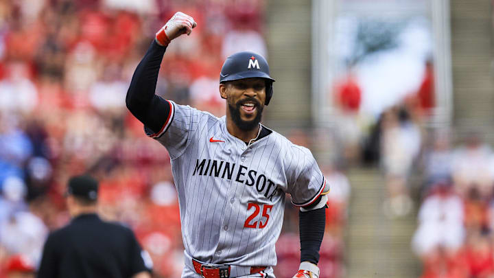 Minnesota Twins outfielder Byron Buxton (25) reacts after hitting a solo home run in the third inning against the Cincinnati Reds at Great American Ball Park. Minnesota Twins outfielder Byron Buxton (25) reacts after hitting a solo home run in the third inning against the Cincinnati Reds at Great American Ball Park.