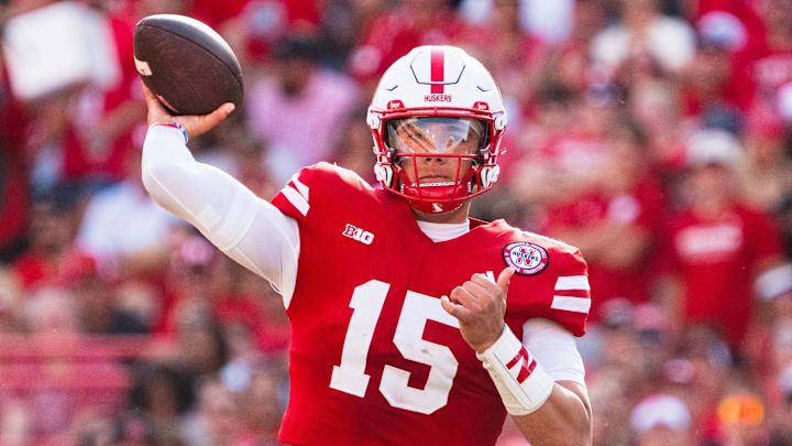 Oct 5, 2024; Lincoln, Nebraska, USA; Nebraska Cornhuskers quarterback Dylan Raiola (15) throws a pass against the Rutgers Scarlet Knights during the second quarter at Memorial Stadium. Mandatory Credit: Dylan Widger-Imagn Images