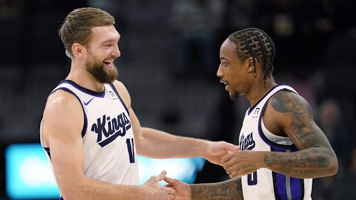 Dec 6, 2024; San Antonio, Texas, USA; Sacramento Kings center Domantas Sabonis (11) and forward DeMar DeRozan (10) embrace before a game the San Antonio Spurs at Frost Bank Center. Mandatory Credit: Scott Wachter-Imagn Images Dec 6, 2024; San Antonio, Texas, USA; Sacramento Kings center Domantas Sabonis (11) and forward DeMar DeRozan (10) embrace before a game the San Antonio Spurs at Frost Bank Center. Mandatory Credit: Scott Wachter-Imagn Images