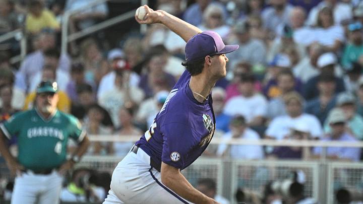 Jun 21, 2025; Omaha, Neb, USA; LSU Tigers starting pitcher Kade Anderson (32) throws against the Coastal Carolina Chanticleers during the first inning at Charles Schwab Field. Mandatory Credit: Steven Branscombe-Imagn Images Jun 21, 2025; Omaha, Neb, USA; LSU Tigers starting pitcher Kade Anderson (32) throws against the Coastal Carolina Chanticleers during the first inning at Charles Schwab Field. Mandatory Credit: Steven Branscombe-Imagn Images