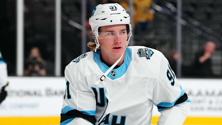 Sep 27, 2024; Las Vegas, Nevada, USA; Utah Hockey Club forward Josh Doan (91) warms up before a game against the Vegas Golden Knights at T-Mobile Arena. Mandatory Credit: Stephen R. Sylvanie-Imagn Images