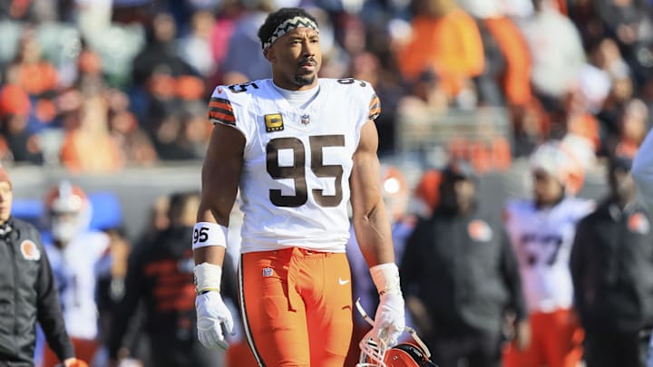 Jan 4, 2026; Cincinnati, Ohio, USA; Cleveland Browns defensive end Myles Garrett (95) walks on the field during the first half against the Cincinnati Bengals at Paycor Stadium. Mandatory Credit: Katie Stratman-Imagn Images