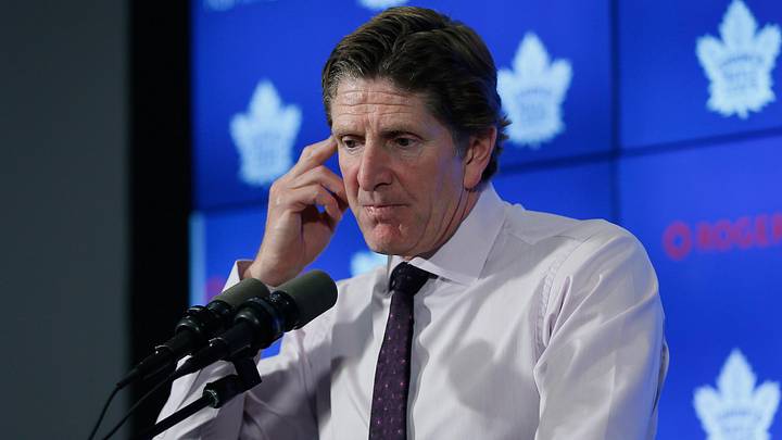 Sep 28, 2019; Toronto, Ontario, CAN; Toronto Maple Leafs head coach Mike Babcock talks to the media after a win over the Detroit Red Wings at Scotiabank Arena. Mandatory Credit: John E. Sokolowski-Imagn Images