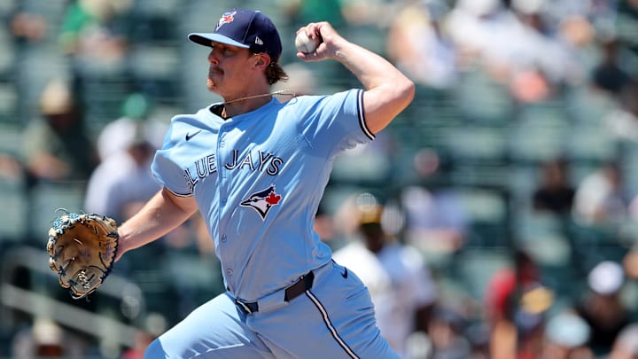Jul 13, 2025; West Sacramento, California, USA; Toronto Blue Jays pitcher Justin Bruihl (58) throws a pitch against the Athletics during the fifth inning at Sutter Health Park. Mandatory Credit: Dennis Lee-Imagn Images