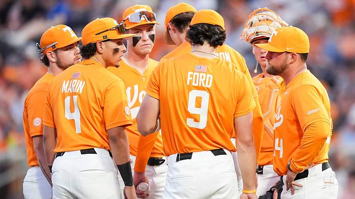 Tennessee coach Josh Elander talks to his team on the mound during a college baseball game between Tennessee and LSU at Lindsey Nelson Stadium in Knoxville, Tennessee., on April 3, 2026.