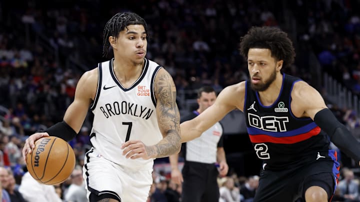 Mar 1, 2025; Detroit, Michigan, USA; Brooklyn Nets guard Killian Hayes (7) dribbles defended by Detroit Pistons guard Cade Cunningham (2) in the first half at Little Caesars Arena. Mandatory Credit: Rick Osentoski-Imagn Images Mar 1, 2025; Detroit, Michigan, USA; Brooklyn Nets guard Killian Hayes (7) dribbles defended by Detroit Pistons guard Cade Cunningham (2) in the first half at Little Caesars Arena. Mandatory Credit: Rick Osentoski-Imagn Images