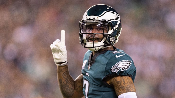 Oct 16, 2022; Philadelphia, Pennsylvania, USA; Philadelphia Eagles cornerback Darius Slay (2) reacts against the Dallas Cowboys during the second quarter at Lincoln Financial Field.