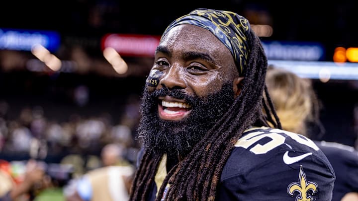 Nov 17, 2024; New Orleans, Louisiana, USA;  New Orleans Saints linebacker Demario Davis (56) reacts after the game against the Cleveland Browns at Caesars Superdome. Mandatory Credit: Stephen Lew-Imagn Images