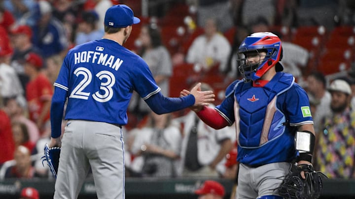 Jun 10, 2025; St. Louis, Missouri, USA;  Toronto Blue Jays relief pitcher Jeff Hoffman (23) celebrates with catcher Alejandro Kirk (30) after the Blue Jays defeated the St. Louis Cardinals at Busch Stadium.