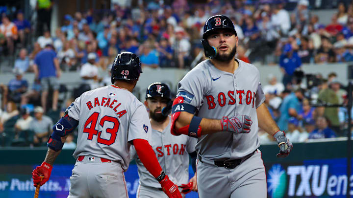 Aug 4, 2024; Arlington, Texas, USA; Boston Red Sox right fielder Wilyer Abreu (52) reacts after hitting a three-run home run during the sixth inning against the Texas Rangers at Globe Life Field. Mandatory Credit: Kevin Jairaj-USA TODAY Sports
