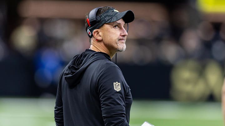 Oct 17, 2024; New Orleans, Louisiana, USA; New Orleans Saints head coach Dennis Allen reacts to a play call against the Denver Broncos during the first half at Caesars Superdome. Mandatory Credit: Stephen Lew-Imagn Images Oct 17, 2024; New Orleans, Louisiana, USA; New Orleans Saints head coach Dennis Allen reacts to a play call against the Denver Broncos during the first half at Caesars Superdome. Mandatory Credit: Stephen Lew-Imagn Images