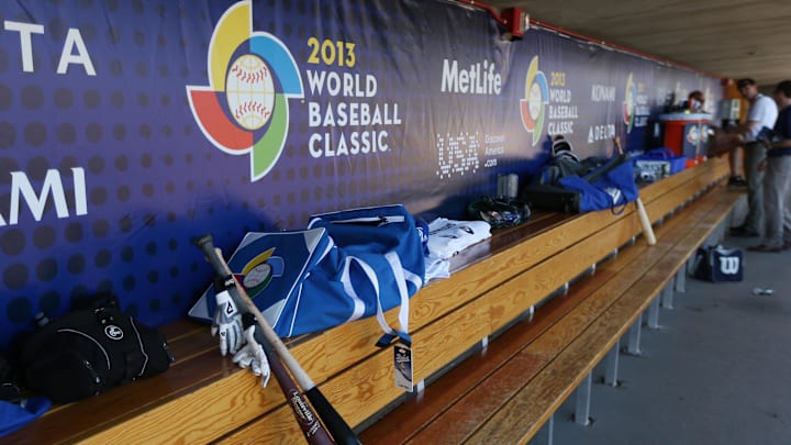 Mar. 7, 2013; Scottsdale, AZ, USA: Overall view of the WBC logo in the Italy dugout against Mexico during the World Baseball Classic at Salt River Fields. 
