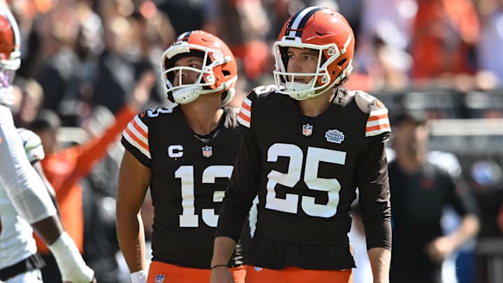 Sep 7, 2025; Cleveland, Ohio, USA; Cleveland Browns place kicker Andre Szmyt (25) and holder Corey Bojorquez (13) react after missing a field goal against the Cincinnati Bengals during the fourth quarter at Huntington Bank Field.