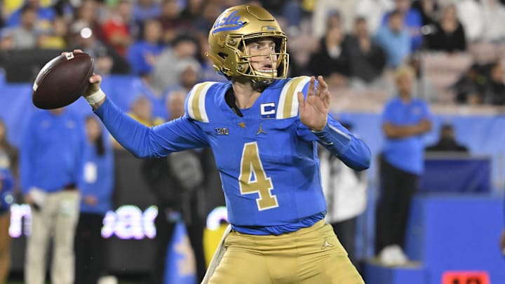 Sep 28, 2024; Pasadena, California, USA; UCLA Bruins quarterback Ethan Garbers (4) throws during the third quarter against the Oregon Ducks at Rose Bowl. Mandatory Credit: Robert Hanashiro-Imagn Images