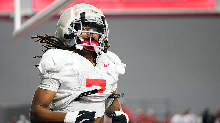 Ohio State Buckeyes cornerback Jermaine Mathews Jr. (7) runs a gasser at the conclusion of the Student Appreciation Day spring practice at the Woody Hayes Athletic Center on April 4, 2026. Ohio State Buckeyes cornerback Jermaine Mathews Jr. (7) runs a gasser at the conclusion of the Student Appreciation Day spring practice at the Woody Hayes Athletic Center on April 4, 2026.