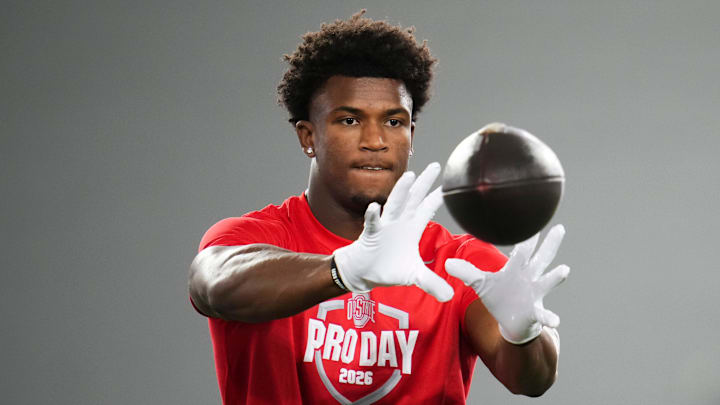 Ohio State Buckeyes defensive back Caleb Downs catches a ball during Pro Day for NFL scouts at the Woody Hayes Athletics Center on March 25, 2026.