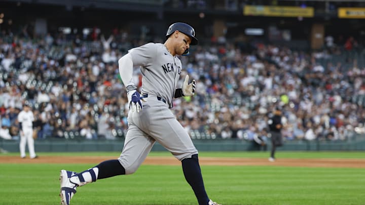 Aug 30, 2025; Chicago, Illinois, USA; New York Yankees designated hitter Aaron Judge (99) rounds the bases after hitting a solo home run against the Chicago White Sox during the fourth inning at Rate Field. Mandatory Credit: Kamil Krzaczynski-Imagn Images