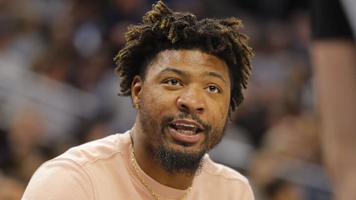 Feb 28, 2024; Minneapolis, Minnesota, USA; Memphis Grizzlies guard Marcus Smart (36) talks with a referee in the fourth quarter of the game with the Minnesota Timberwolves at Target Center. Mandatory Credit: Bruce Kluckhohn-USA TODAY Sports