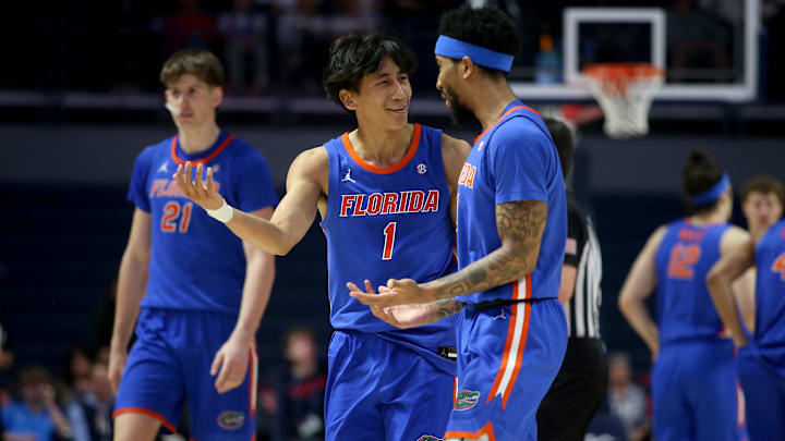 Feb 21, 2026; Oxford, Mississippi, USA; Florida Gators guard Xaivian Lee (1) reacts with guard Boogie Fland (0) during the second half against the Mississippi Rebels at The Sandy and John Black Pavilion at Ole Miss. Mandatory Credit: Petre Thomas-Imagn Images Feb 21, 2026; Oxford, Mississippi, USA; Florida Gators guard Xaivian Lee (1) reacts with guard Boogie Fland (0) during the second half against the Mississippi Rebels at The Sandy and John Black Pavilion at Ole Miss. Mandatory Credit: Petre Thomas-Imagn Images