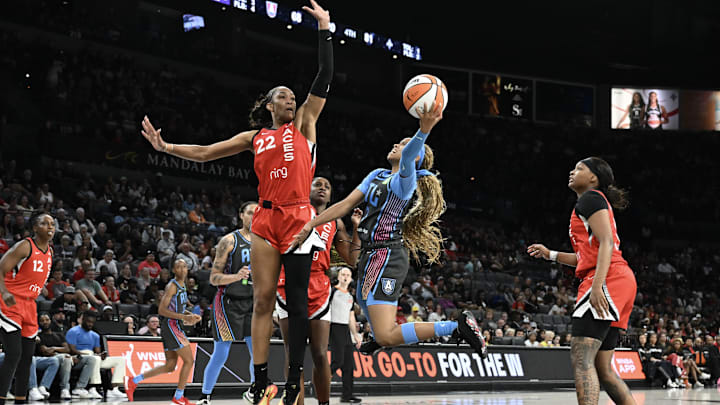 Jul 22, 2025; Las Vegas, Nevada, USA; Atlanta Dream guard Jordin Canada (3) shoots against Las Vegas Aces center A'ja Wilson (22) in the fourth quarter of their game at Michelob Ultra Arena. Mandatory Credit: Candice Ward-Imagn Images Jul 22, 2025; Las Vegas, Nevada, USA; Atlanta Dream guard Jordin Canada (3) shoots against Las Vegas Aces center A'ja Wilson (22) in the fourth quarter of their game at Michelob Ultra Arena. Mandatory Credit: Candice Ward-Imagn Images