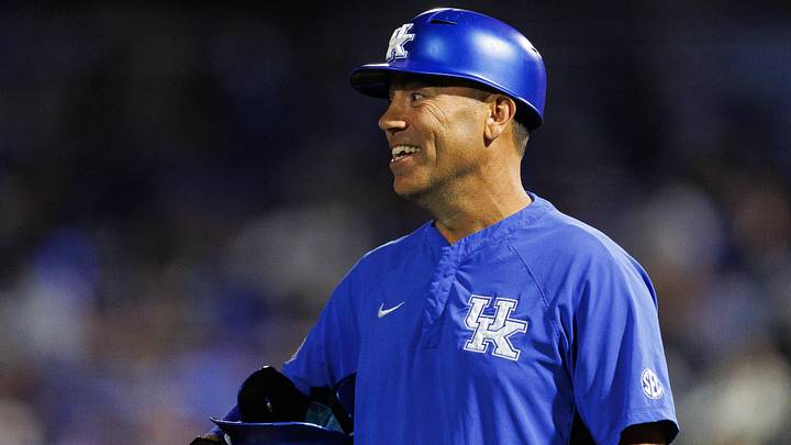 Jun 9, 2024; Lexington, KY, USA; Kentucky Wildcats head coach Nick Mingione during the fourth inning against the Oregon State Beavers at Kentucky Proud Park. Mandatory Credit: Jordan Prather-Imagn Images Jun 9, 2024; Lexington, KY, USA; Kentucky Wildcats head coach Nick Mingione during the fourth inning against the Oregon State Beavers at Kentucky Proud Park. Mandatory Credit: Jordan Prather-Imagn Images