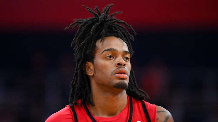 Feb 26, 2025; Syracuse, New York, USA; North Carolina State Wolfpack guard Dennis Parker Jr. (11) looks on prior to the start of the second half against the Syracuse Orange at the JMA Wireless Dome. Mandatory Credit: Rich Barnes-Imagn Images