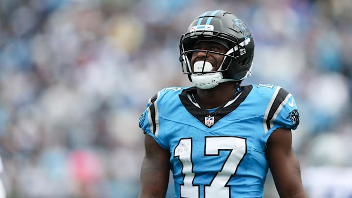 Oct 12, 2025; Charlotte, North Carolina, USA; Carolina Panthers wide receiver Xavier Legette (17) reacts after missing a catch in the second quarter against the Carolina Panthers at Bank of America Stadium. 