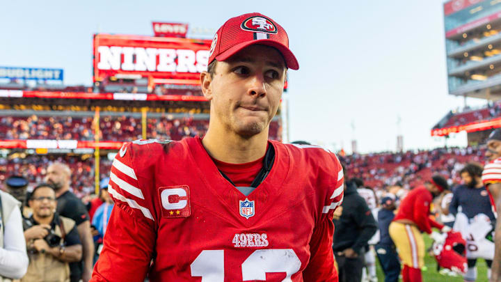 Dec 8, 2024; Santa Clara, California, USA; San Francisco 49ers quarterback Brock Purdy (13) looks on after the game against the Chicago Bears at Levi's Stadium. Mandatory Credit: Bob Kupbens-Imagn Images Dec 8, 2024; Santa Clara, California, USA; San Francisco 49ers quarterback Brock Purdy (13) looks on after the game against the Chicago Bears at Levi's Stadium. Mandatory Credit: Bob Kupbens-Imagn Images