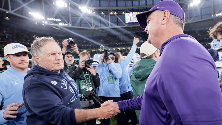 Aug 29, 2026; Dublin, Co. Dublin, IRL;  North Carolina Tar Heels head coach Bill Belichick and TCU Horned Frogs head coach Sonny Dykes shake hands after the game at Aviva Stadium.  Mandatory Credit: Laszlo Geczo-Imagn Images