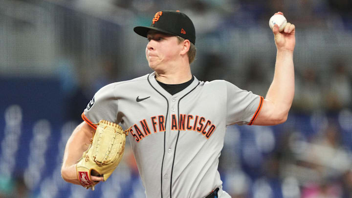 May 30, 2025; Miami, Florida, USA;  San Francisco Giants pitcher Kyle Harrison (45) pitches against the Miami Marlins in the first inning at loanDepot Park. Mandatory Credit: Jim Rassol-Imagn Images