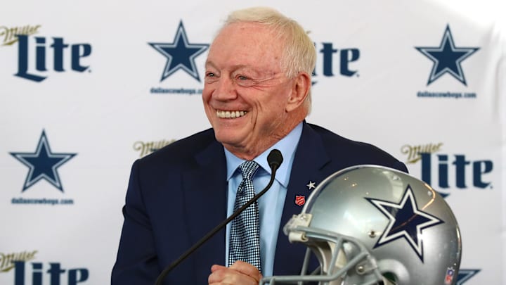 Dallas Cowboys owner Jerry Jones smiles as he answers questions during a press conference at Ford Center at The Star.