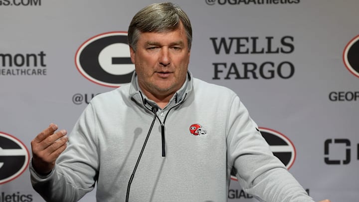 Georgia coach Kirby Smart speaks to the media on the first day of spring practice in Athens, Ga., on Tuesday, March 11, 2025.