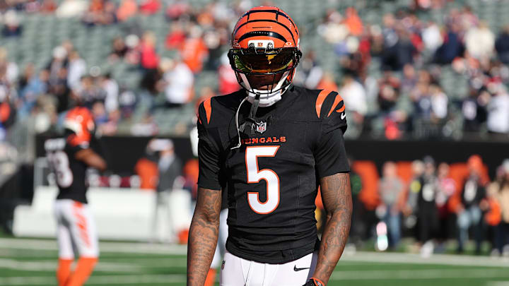 Nov 23, 2025; Cincinnati, Ohio, USA; Cincinnati Bengals wide receiver Tee Higgins (5) warms up before a game against the New England Patriots at Paycor Stadium.