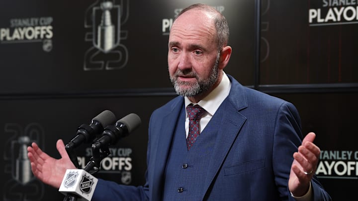 May 9, 2025; Winnipeg, Manitoba, CAN; Dallas Stars head coach Pete DeBoer talks to media after their loss to the Winnipeg Jets in game two of the second round of the 2025 Stanley Cup Playoffs at Canada Life Centre. Mandatory Credit: James Carey Lauder-Imagn Images May 9, 2025; Winnipeg, Manitoba, CAN; Dallas Stars head coach Pete DeBoer talks to media after their loss to the Winnipeg Jets in game two of the second round of the 2025 Stanley Cup Playoffs at Canada Life Centre. Mandatory Credit: James Carey Lauder-Imagn Images