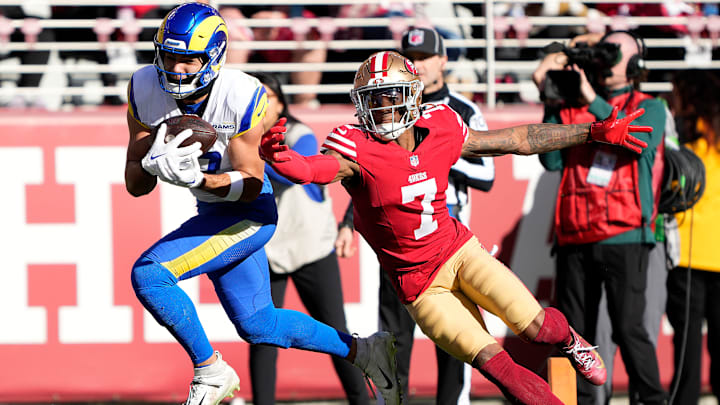 Los Angeles Rams wide receiver Puka Nacua (L) vs. San Francisco 49ers cornerback Charvarius Ward (R)