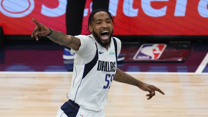 May 30, 2024; Minneapolis, Minnesota, USA; Dallas Mavericks forward Derrick Jones Jr. (55) reacts after a play during the second quarter in game five of the western conference finals for the 2024 NBA playoffs against the Minnesota Timberwolves at Target Center. Mandatory Credit: Jesse Johnson-USA TODAY Sports