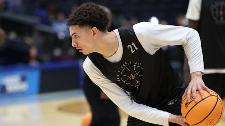Mar 17, 2025; Dayton, OH, USA; San Diego State Aztecs guard Miles Byrd (21) controls the ball the First Four Practice at UD Arena.