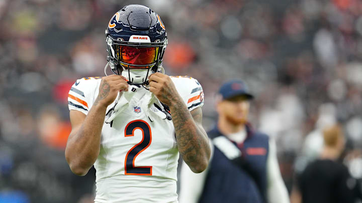Chicago Bears wide receiver DJ Moore (2) warms up prior to the game against the Las Vegas Raiders at Allegiant Stadium.