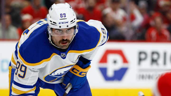 Nov 15, 2025; Detroit, Michigan, USA;  Buffalo Sabres right wing Alex Tuch (89) gets set during a face off in the first period against the Detroit Red Wings at Little Caesars Arena. Mandatory Credit: Rick Osentoski-Imagn Images