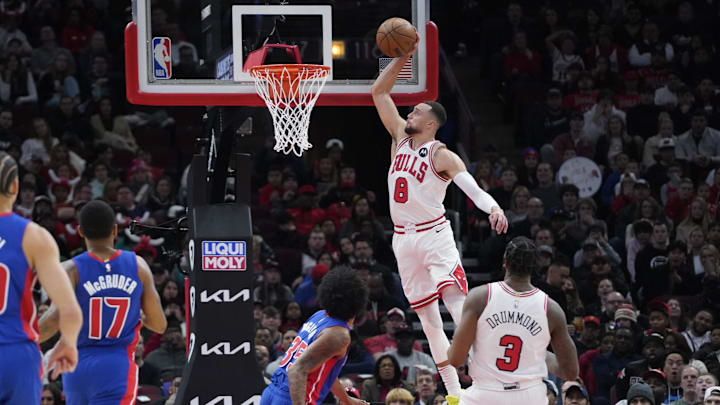 Dec 30, 2022; Chicago, Illinois, USA; Chicago Bulls guard Zach LaVine (8) dunks the ball against the