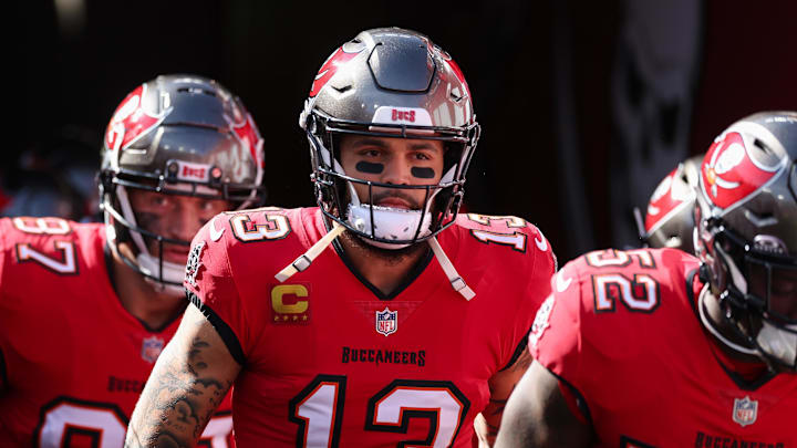 Jan 5, 2025; Tampa, Florida, USA; Tampa Bay Buccaneers wide receiver Mike Evans (13) takes the field for warm ups before a game against the New Orleans Saints at Raymond James Stadium. Mandatory Credit: Nathan Ray Seebeck-Imagn Images