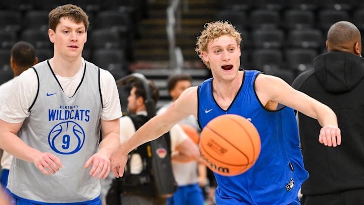 Mar 19, 2026; St. Louis, MO, USA; Kentucky Wildcats guard Collin Chandler (5) reacts after making a half court shot during a practice session ahead of the first round of the men's 2026 NCAA Tournament at Enterprise Center. Mandatory Credit: Jeff Curry-Imagn Images