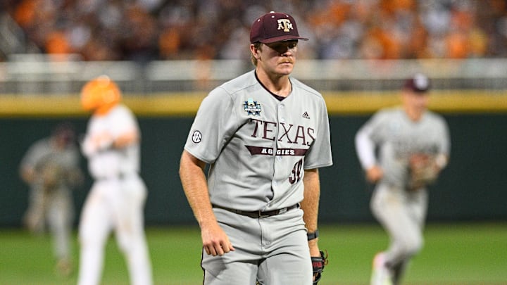 Texas A&M Aggies pitcher Josh Stewart (34) walks off the mound after the sixth inning against the Tennessee Volunteers. Texas A&M Aggies pitcher Josh Stewart (34) walks off the mound after the sixth inning against the Tennessee Volunteers.