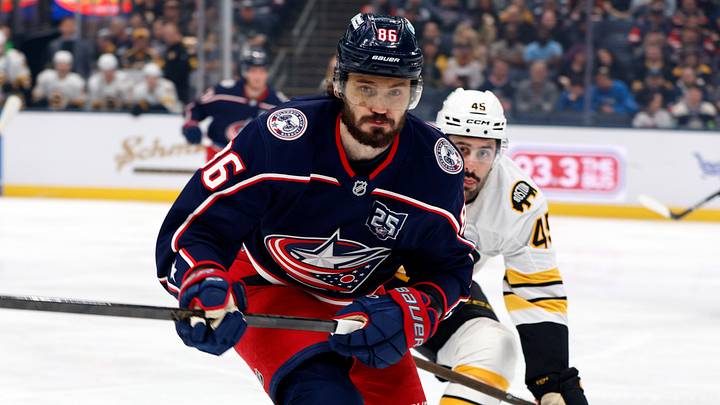 Apr 12, 2026; Columbus, Ohio, USA; Columbus Blue Jackets right wing Kirill Marchenko (86) and Boston Bruins defenseman Jonathan Aspirot (45) skate after a loose puck during the first period at Nationwide Arena. Mandatory Credit: Russell LaBounty-Imagn Images Apr 12, 2026; Columbus, Ohio, USA; Columbus Blue Jackets right wing Kirill Marchenko (86) and Boston Bruins defenseman Jonathan Aspirot (45) skate after a loose puck during the first period at Nationwide Arena. Mandatory Credit: Russell LaBounty-Imagn Images