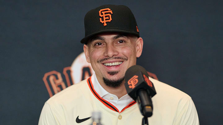 Dec 12, 2024; San Francisco, CA, USA; San Francisco Giants shortstop Willy Adames reacts during his introductory press conference at Oracle Park. Dec 12, 2024; San Francisco, CA, USA; San Francisco Giants shortstop Willy Adames reacts during his introductory press conference at Oracle Park.