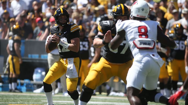 Iowa’s Cade McNamara (12) looks to throw against Illinois State on Saturday, Aug. 31, 2024, at Kinnick Stadium in Iowa City, Iowa.