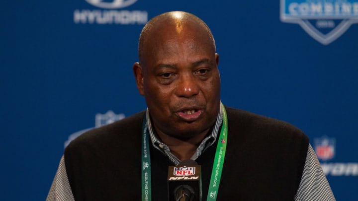 Feb 24, 2016; Indianapolis, IN, USA; Baltimore Ravens general manager and executive vice president Ozzie Newsome speaks to the media during the 2016 NFL Scouting Combine at Lucas Oil Stadium. Mandatory Credit: Trevor Ruszkowski-USA TODAY Sports
